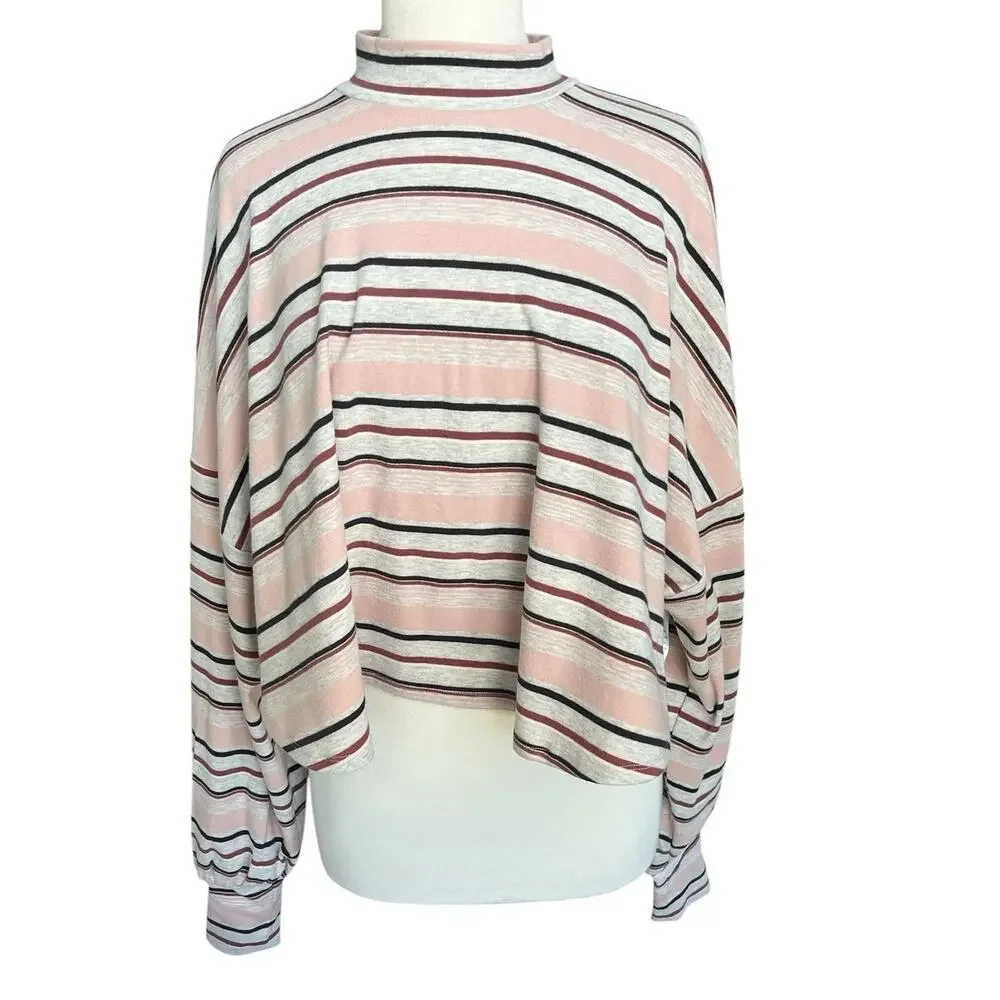 Free People Steph Striped Mock Neck Top Cropped Oversize Boho Casual Medium